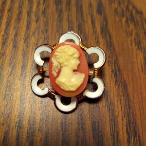 Vintage Cameo Woman Coral Brooch Pin